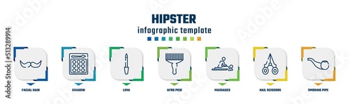 hipster concept infographic design template. included facial hair, shadow, lima, afro pick, massages, nail scissors, smoking pipe icons and 7 option or steps.