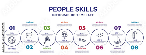 infographic template with icons and 8 options or steps. infographic for people skills concept. included chauffer, tennis player, emotions, runner, shapes, round sailboat, rescue tube icons.