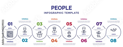 infographic template with icons and 8 options or steps. infographic for people concept. included family board games, ninja portrait, matrix, constructor, business tie, girl dancing, locust icons.