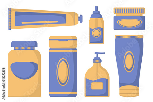 a set of cleansers and cosmetics for body care in blue-yellow color in a flat style. Vector image.
