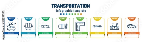 transportation concept infographic design template. included carsharing, x-ray, sportive car, fog lamp, broken, damper, road bike, station wagon icons and 8 options or steps.