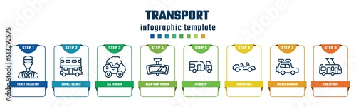 transport concept infographic design template. included ticket collector, double decker, all terrain, rear-view mirror, touristic, convertible, travel baggage, trolleybus icons and 8 options or
