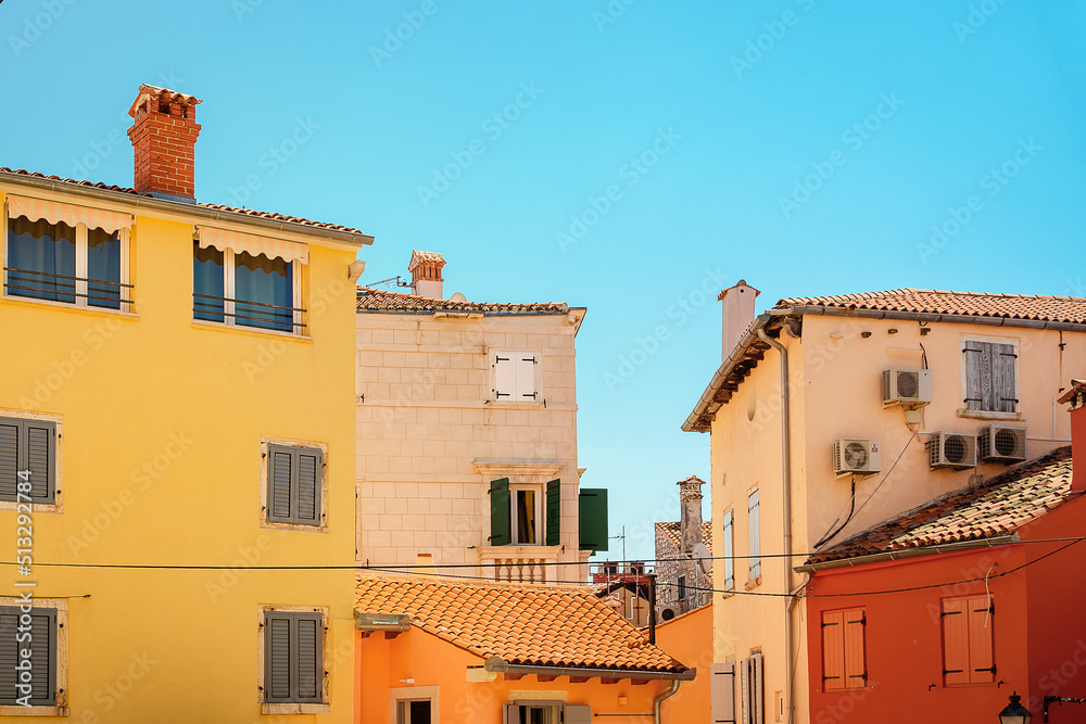 Colorful facades in center of old town of Rovinj, Croatia, Europe.