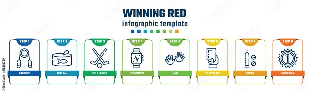 winning red concept infographic design template. included handgrip, tuna can, field hockey, pulsometer, hand, yellow card, doping, number one icons and 8 options or steps. winning red concept infographic design template. included handgrip, tuna can, field hockey, pulsometer, hand, yellow card, doping, number one icons and 8 options or steps.