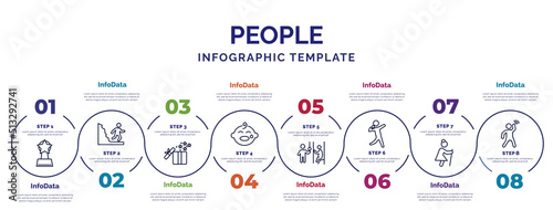 infographic template with icons and 8 options or steps. infographic for people concept. included cinema award, open present box, crying baby, pregnant priority, shot put, old lady walking, goodbye