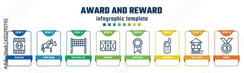 award and reward concept infographic design template. included blue card, horse riding, volleyball net, ice court, first place, variometer, stilt house, bronze icons and 8 options or steps.