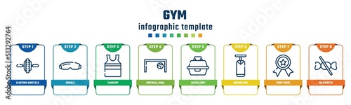 gym concept infographic design template. included electric unicycle, goggle, tanktop, football goal, tackle box, boxing bag, first prize, no sweets icons and 8 options or steps.