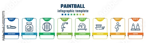 paintball concept infographic design template. included soccer boots, protein powder, medicine ball, head hitting, gymnastics, fishing boat, squats, munition icons and 8 options or steps.