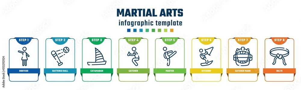 martial arts concept infographic design template. included hostess, battered ball, catamaran, catcher, master, kitesurf, catcher mask, belts icons and 8 options or steps. martial arts concept infographic design template. included hostess, battered ball, catamaran, catcher, master, kitesurf, catcher mask, belts icons and 8 options or steps.
