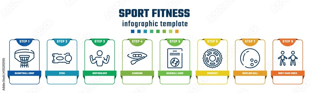 sport fitness concept infographic design template. included basketball hoop, stem, bodybuilder, canoeing, baseball card, sprocket, bowling ball, body mass index icons and 8 options or steps.