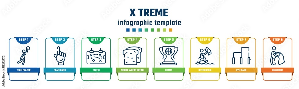 x treme concept infographic design template. included team player, foam hand, tactic, whole wheat bread, champ, kitesurfing, gym bars, bullfight icons and 8 options or steps. x treme concept infographic design template. included team player, foam hand, tactic, whole wheat bread, champ, kitesurfing, gym bars, bullfight icons and 8 options or steps.