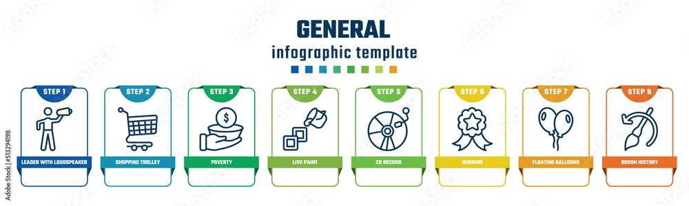 general concept infographic design template. included leader with loudspeaker, shopping trolley, poverty, live paint, cd record, winning, floating balloons, brush history icons and 8 options or general concept infographic design template. included leader with loudspeaker, shopping trolley, poverty, live paint, cd record, winning, floating balloons, brush history icons and 8 options or
