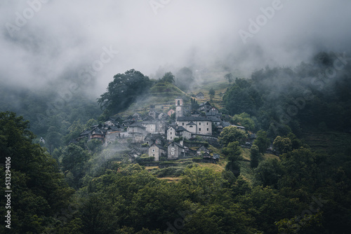 Ancient village of Corippo situated near Lavertezzo on a hill surrounded by forest and mountains in Canton Ticino  Switzerland.