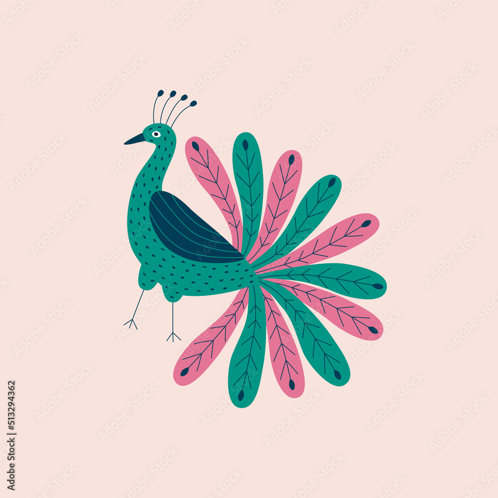 Funny peacock with beautiful colorful tail hand drawn vector illustration. Cute isolated peafowl bird in flat style for logo or icon.