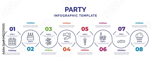 infographic template with icons and 8 options or steps. infographic for party concept. included calendar with date, jenga, two candies, firework rocket, bottle and two glasses, candy paper, sweet
