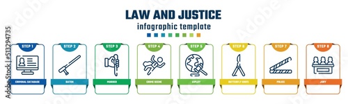 law and justice concept infographic design template. included criminal database, baton, murder, crime scene, diploy, butterfly knife, police, jury icons and 8 options or steps.