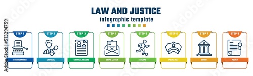 law and justice concept infographic design template. included stenographer, criminal, criminal record, crime letter, escape, police hat, court, policy icons and 8 options or steps.