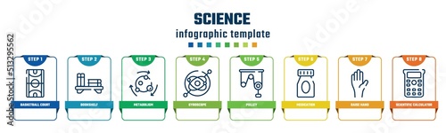 science concept infographic design template. included basketball court, bookshelf, metabolism, gyroscope, pulley, medication, raise hand, scientific calculator icons and 8 options or steps.