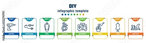 diy concept infographic design template. included hand drill, soldering iron, urinal, allen keys, green power, crucible, tailor, wood plane icons and 8 options or steps.