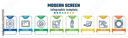 modern screen concept infographic design template. included pause, touch screen, cookies, registry, memory stick, laptop in perspective, chart gantt, button touch icons and 8 options or steps.