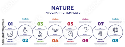 infographic template with icons and 8 options or steps. infographic for nature concept. included tree leave, burning flames, falcate, hair style, fertilize clinic, cordate, shining sun with rays