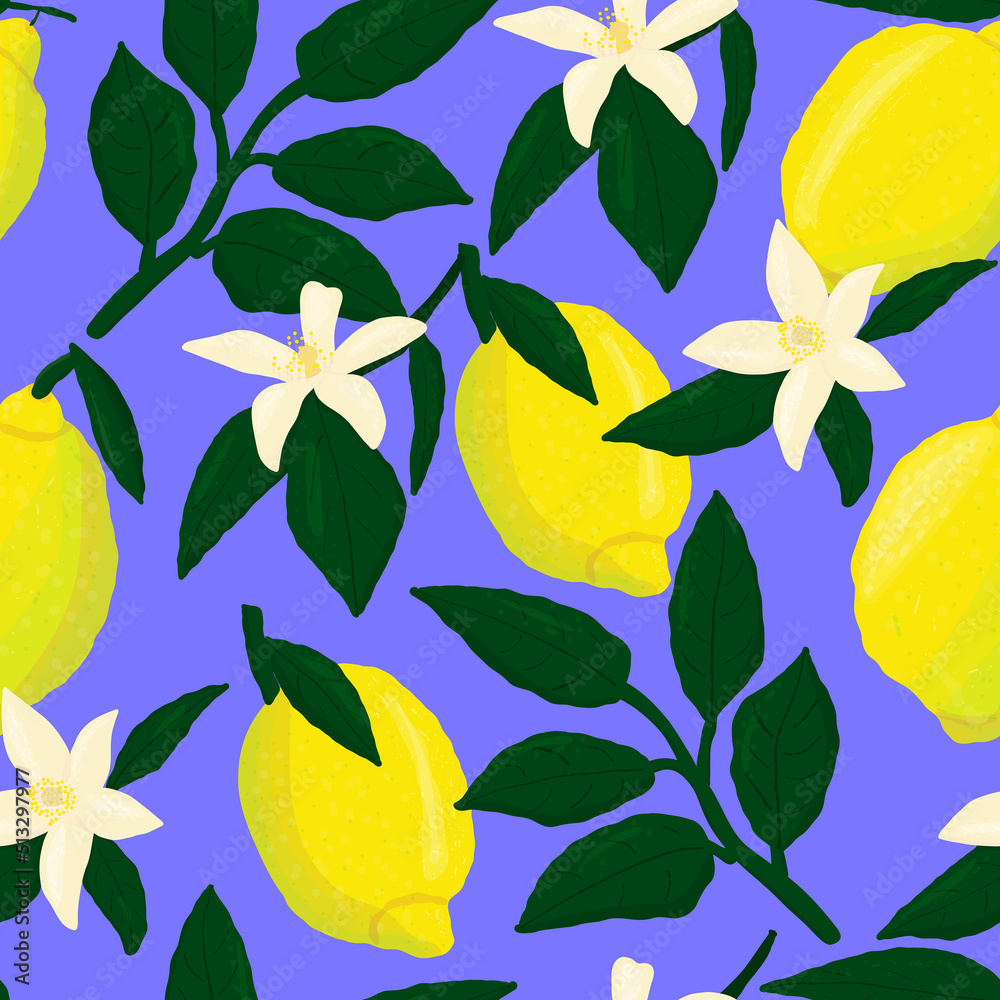 Lemon leaves and flower seamless pattern. Citrus fruit vector illustration for wallpaper, wrapping paper, textile, fabric, print Lemon leaves and flower seamless pattern. Citrus fruit vector illustration for wallpaper, wrapping paper, textile, fabric, print