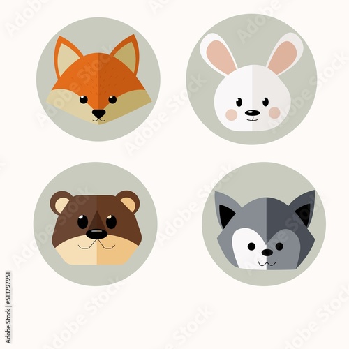 animal icons, vector animals, animal flat image, avatar, icon, cute faces, set, fox, hare, bear, wolf © Дарья Яловая