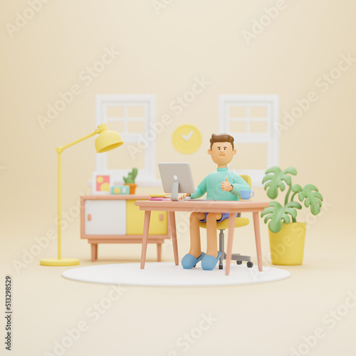 Work from home office quarantine. Freelancer character working business from home using remotely laptop computer video call online webcam conference meeting creative group. 3d rendering.