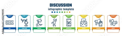 discussion concept infographic design template. included reel, street map, embrace, enjoy, missed call, verified, strenght, debate icons and 8 options or steps.
