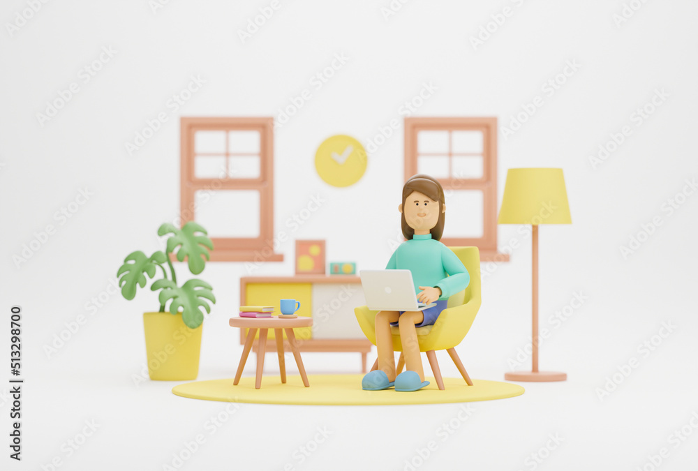 Fototapeta premium Work from home office quarantine. Freelancer character working business from home using remotely laptop computer video call online webcam conference meeting creative group. 3d rendering.