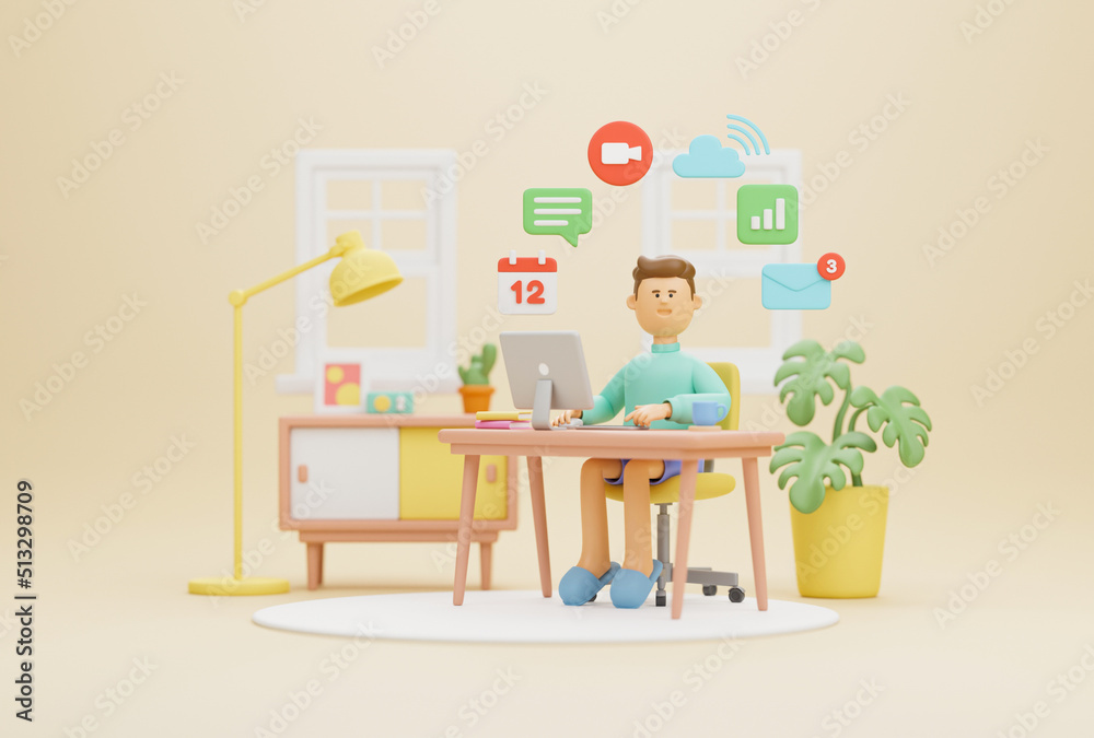 Work from home office quarantine. Freelancer character working business from home using remotely laptop computer video call online webcam conference meeting creative group. 3d rendering.