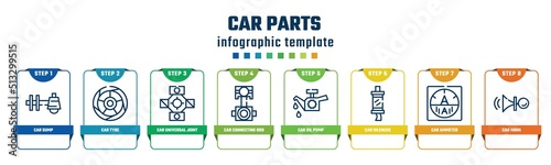 car parts concept infographic design template. included car sump, car tyre, universal joint, connecting rod, oil pump, silencer, ammeter, horn icons and 8 options or steps.