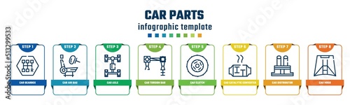 car parts concept infographic design template. included car gearbox, car air bag, axle, torsion bar, clutch, catalytic converter, distributor cap, hood icons and 8 options or steps.