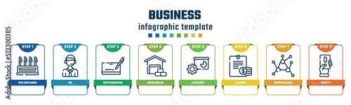 business concept infographic design template. included pen container, on, cryptographic, wholesaler, facilities, planing, decentralized, penalty icons and 8 options or steps.