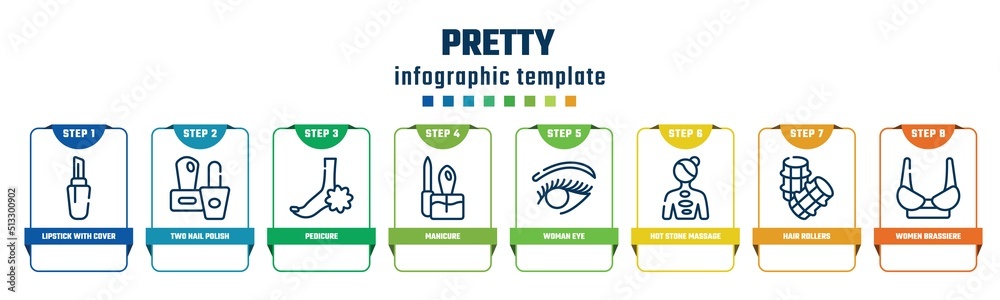 pretty concept infographic design template. included lipstick with cover, two nail polish, pedicure, manicure, woman eye, hot stone massage, hair rollers, women brassiere icons and 8 options or pretty concept infographic design template. included lipstick with cover, two nail polish, pedicure, manicure, woman eye, hot stone massage, hair rollers, women brassiere icons and 8 options or