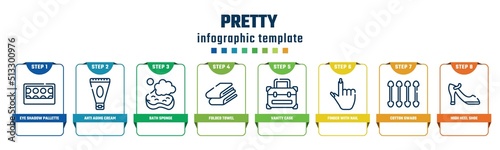 pretty concept infographic design template. included eye shadow pallette, anti aging cream, bath sponge, folded towel, vanity case, finger with nail, cotton swabs, high heel shoe icons and 8 options