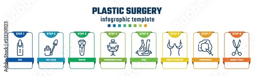 plastic surgery concept infographic design template. included nail, nail color, shaver, hairdresser chair, soak, breast reduction, mesotherapy, medical tools icons and 8 options or steps.