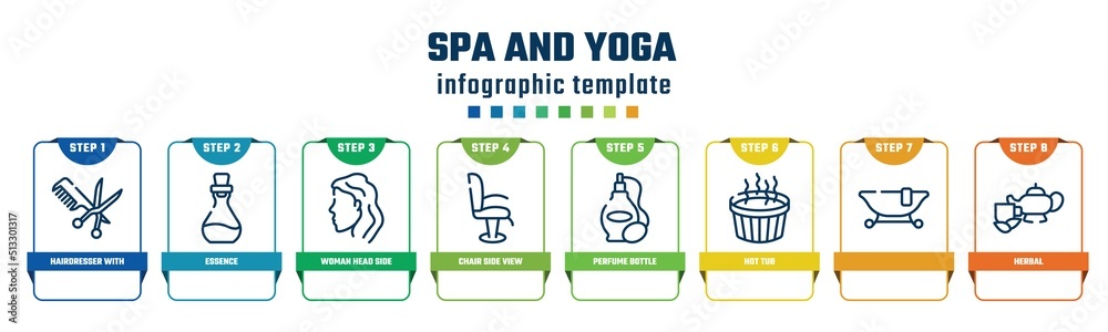 spa and yoga concept infographic design template. included hairdresser with comb and scissors, essence, woman head side view, chair side view, perfume bottle, hot tub, , herbal icons and 8 options spa and yoga concept infographic design template. included hairdresser with comb and scissors, essence, woman head side view, chair side view, perfume bottle, hot tub, , herbal icons and 8 options
