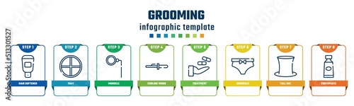 grooming concept infographic design template. included hair softener, tray, monocle, curling tongs, treatment, underclo, tall hat, toothpaste icons and 8 options or steps.