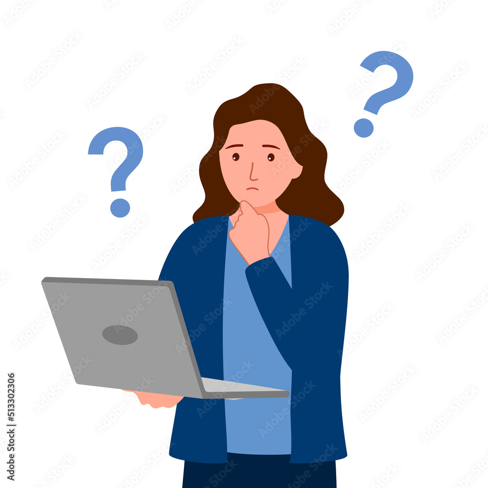 Businesswoman working with laptop computer thinking of business problem and solution. Businesswoman working with laptop computer thinking of business problem and solution.