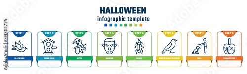 halloween concept infographic design template. included black bird, birds home, witch, vampire, roach, bird of black feathers, null, caramelized icons and 8 options or steps.