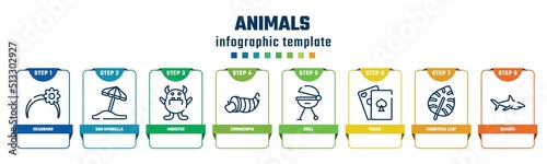 animals concept infographic design template. included headband, sun umbrella, monster, cornucopia, grill, poker, monstera leaf, sharks icons and 8 options or steps.