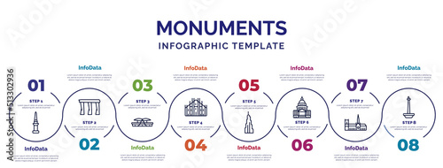 infographic template with icons and 8 options or steps. infographic for monuments concept. included philippines, dpr/mpr building, milan cathedral, , united states capitol, notre dame cathedral,