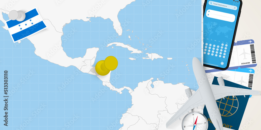 Travel to Honduras concept, map with pin on map of Honduras. Vacation preparation map, flag