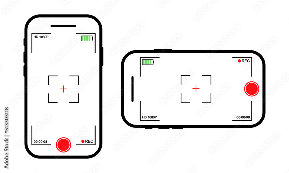 Mockup with camera smartphone. Record video on phone. Smartphone camera interface on white background. Vector set. Mockup with camera smartphone. Record video on phone. Smartphone camera interface on white background. Vector set.