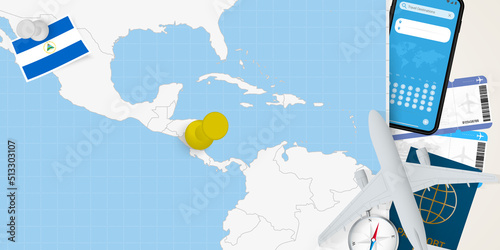 Travel to Nicaragua concept, map with pin on map of Nicaragua. Vacation preparation map, flag, passport and tickets.
