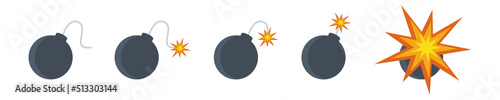 Bomb and wick icons vector set. Detonation or bang from bomb. Risk and threat explosion. Fire on wick.