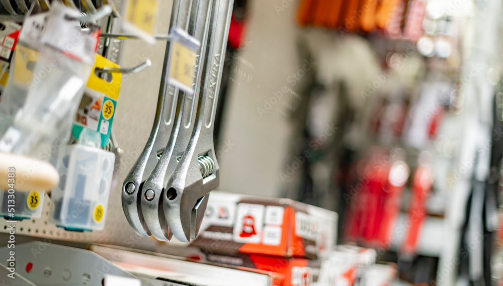 Tools put up for sale in a hardware store