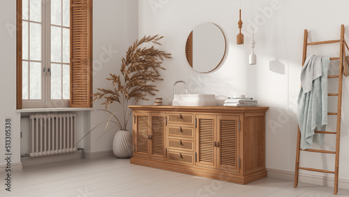 Classic bathroom in vintage white tones,, rattan wooden washbasin, chest of drawers, mirror, towel rack and decor. Parquet and window with shutters. Modern interior design