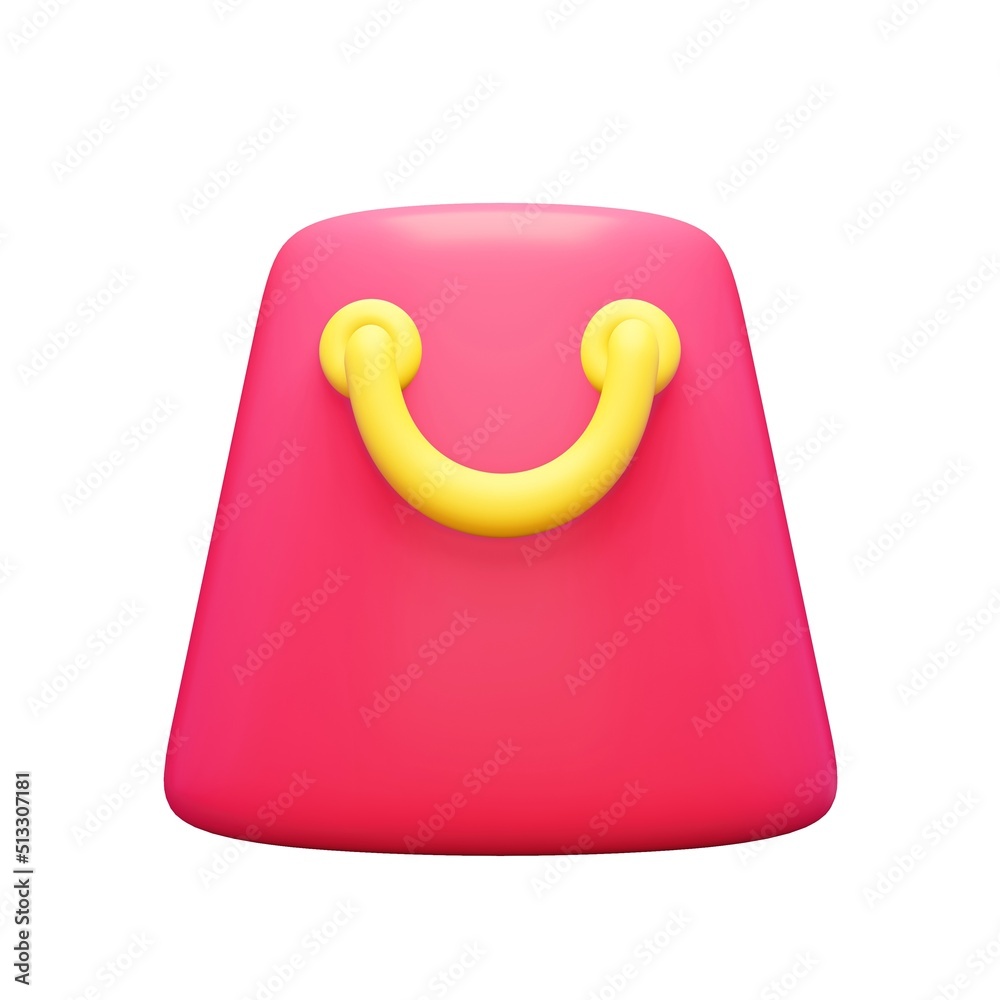 3d render shopping bag icon. Rendering illustration of pink paper handle package isolated on white background. Shopping online element. Cartoon design. E-commerce sign. Commercial product packaging. 3d render shopping bag icon. Rendering illustration of pink paper handle package isolated on white background. Shopping online element. Cartoon design. E-commerce sign. Commercial product packaging.